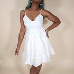 Aura White Mini Dress with Ruffles and Spaghetti Straps for the Beach | Venus Loves Neptune