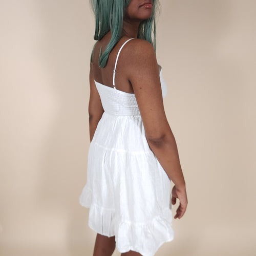 Aura White Mini Dress with Ruffles and Spaghetti Straps for the Beach | Venus Loves Neptune