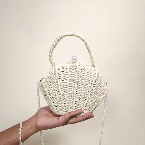 Cordelia Ivory Mermaid Shell Woven Straw Handbag for the Beach | Venus Loves Neptune