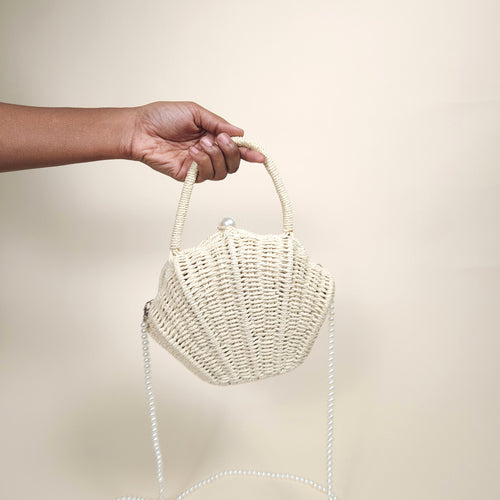 Cordelia Ivory Mermaid Shell Woven Straw Handbag for the Beach | Venus Loves Neptune