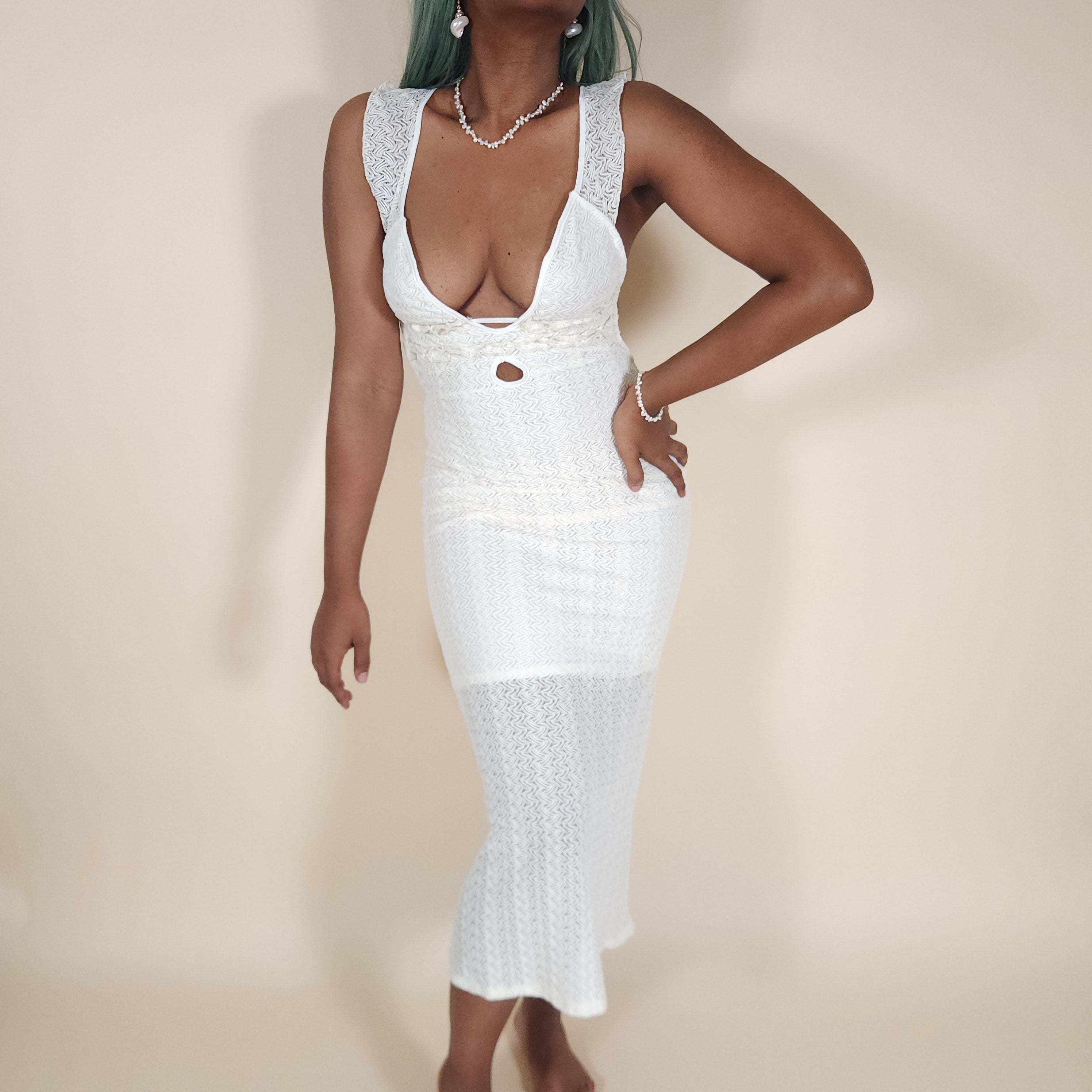 Isis Ivory Backless Midi Dress with Deep V-Neck for the Beach | Venus Loves Neptune