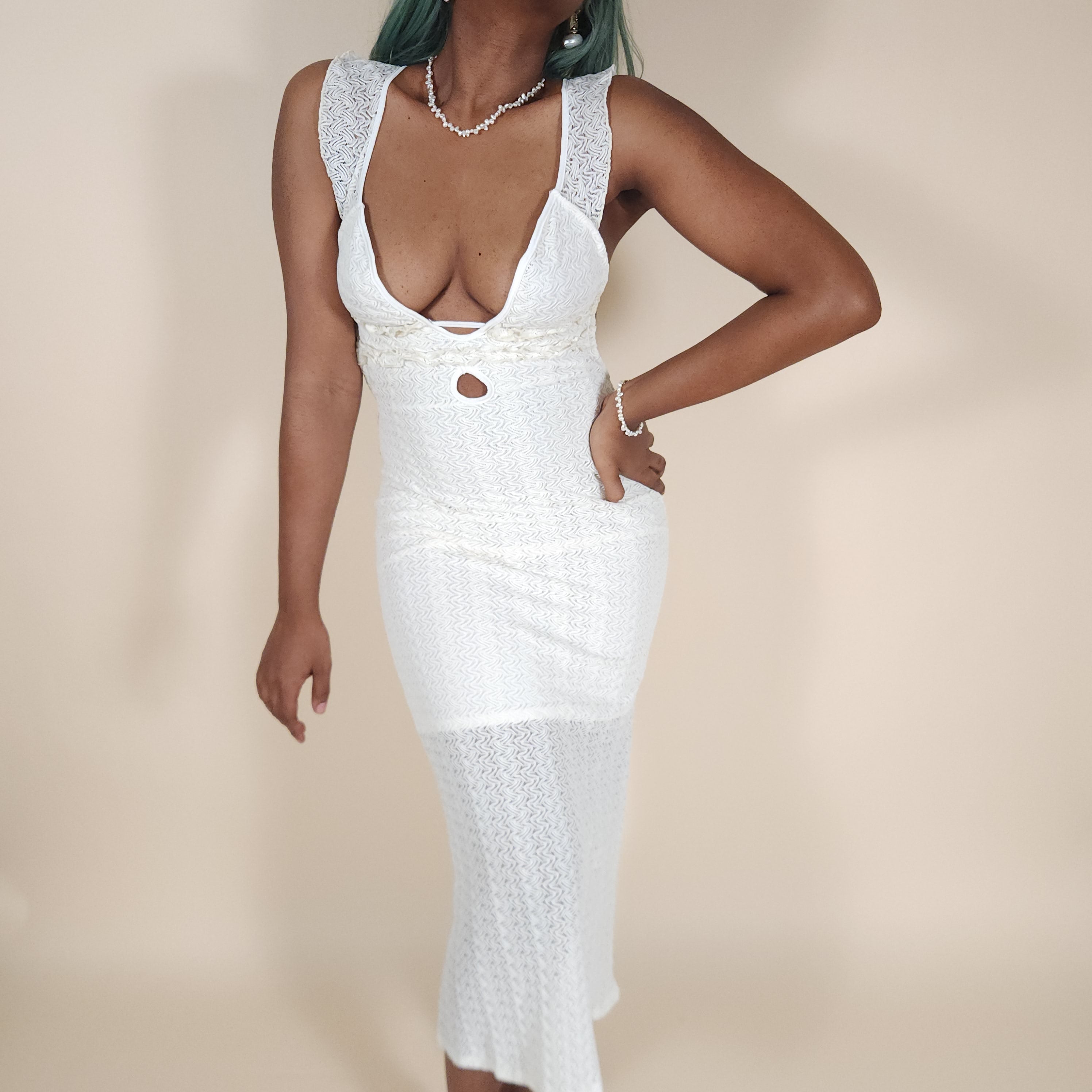 Isis Ivory Backless Midi Dress with Deep V-Neck for the Beach | Venus Loves Neptune