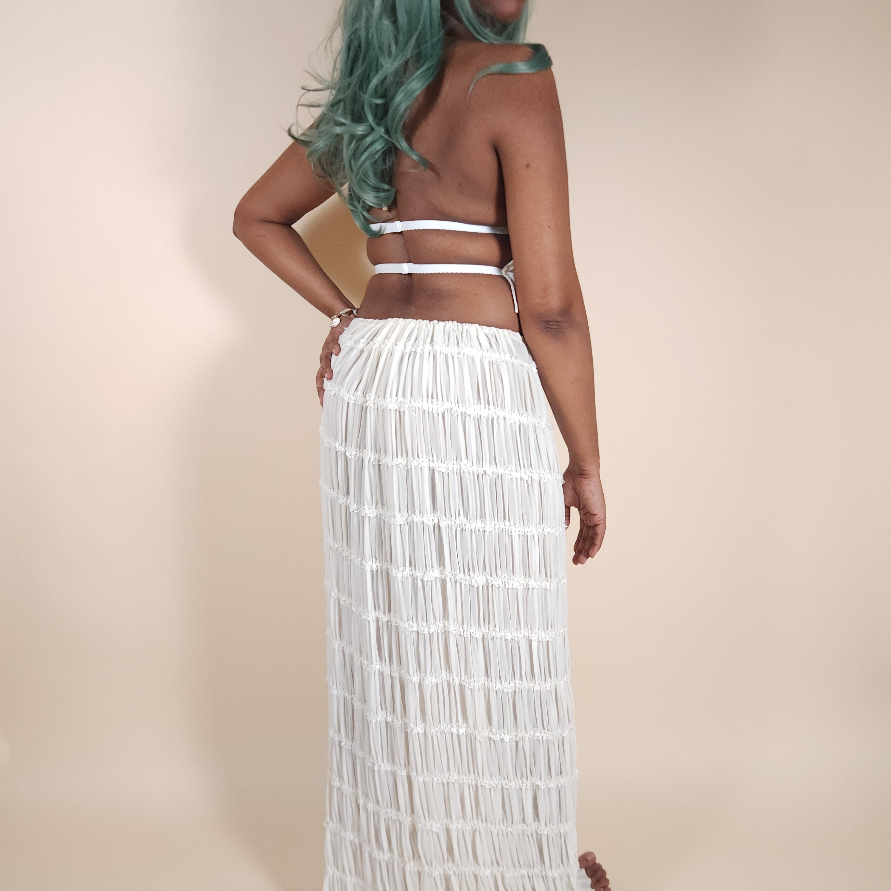 Juno Ivory Ruched Flowy Skirt Set Outfit for Beach Pictures | Venus Loves Neptune