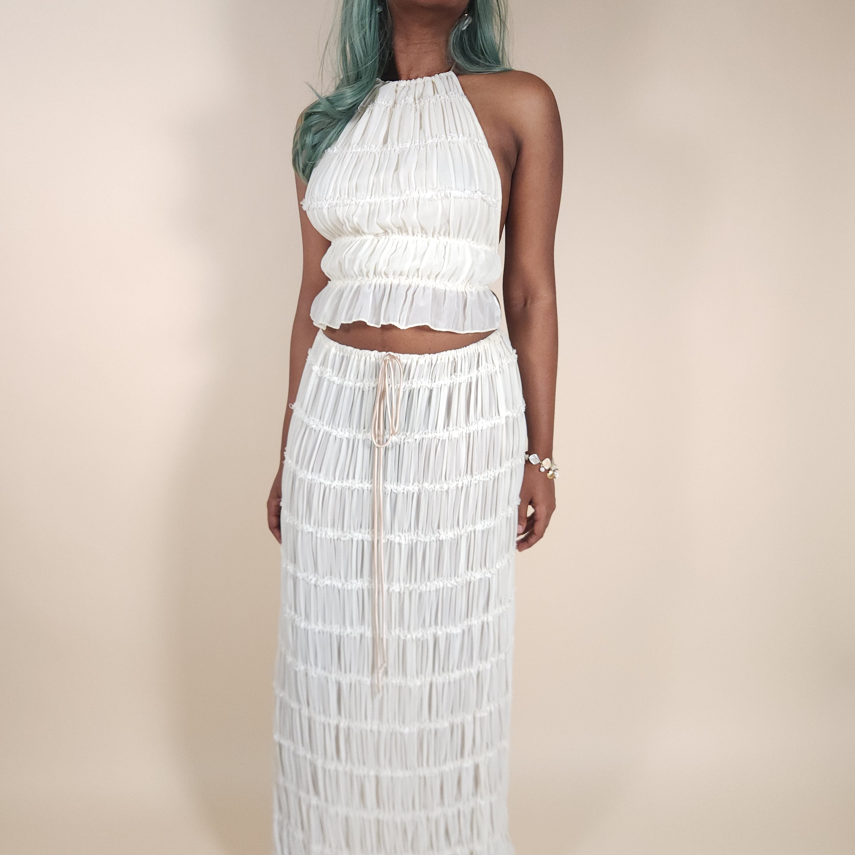 Juno Ivory Ruched Flowy Skirt Set Outfit for Beach Pictures | Venus Loves Neptune
