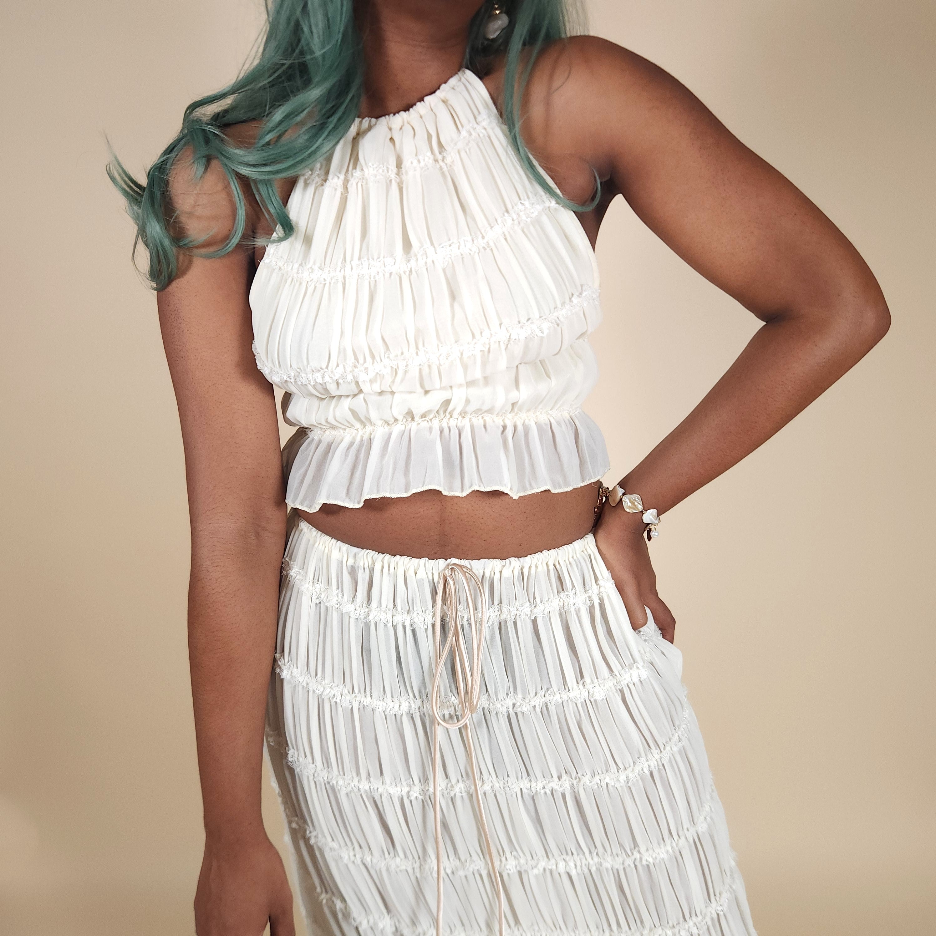 Juno Ivory Ruched Flowy Skirt Set Outfit for Beach Pictures | Venus Loves Neptune