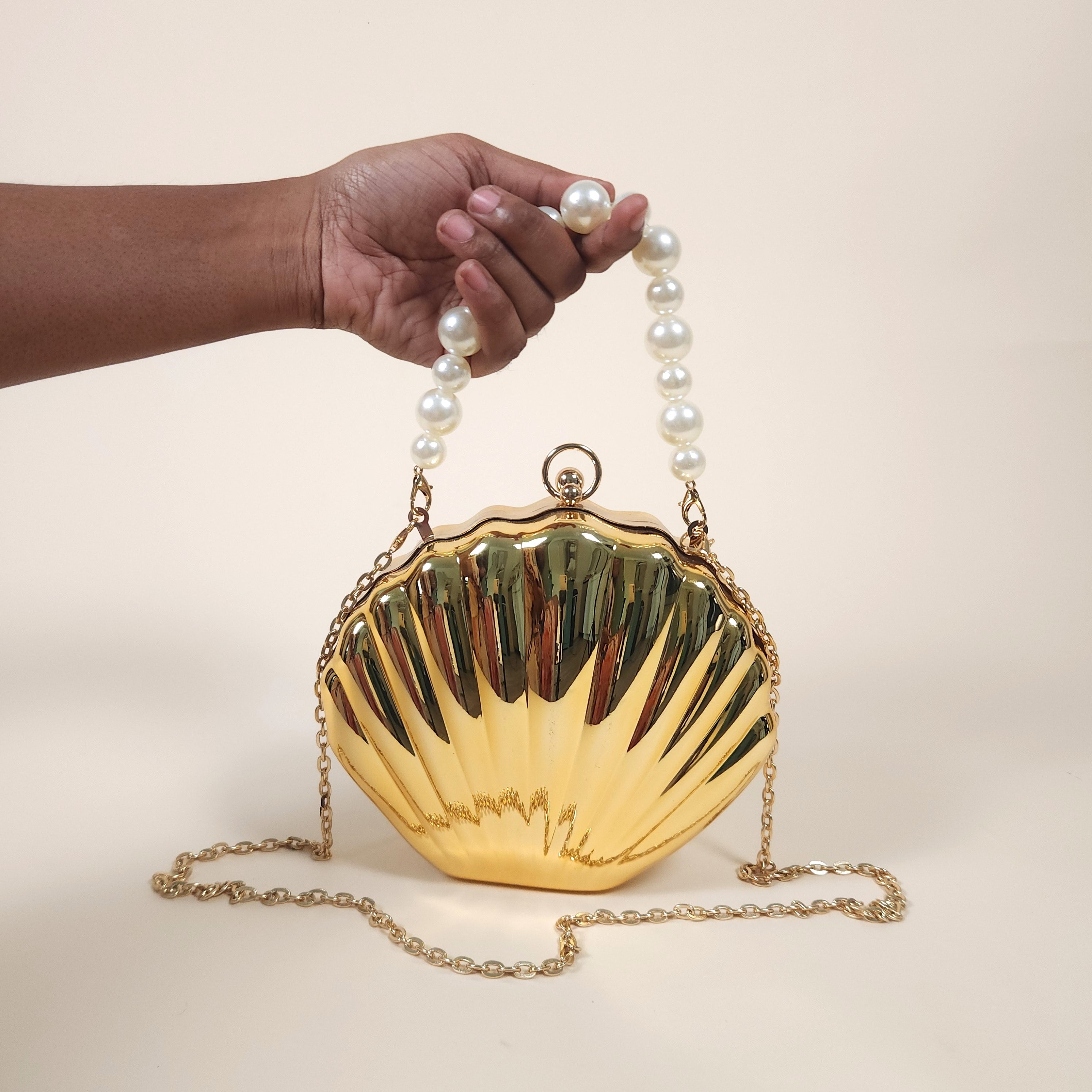 Marina Gold Mermaid Shell Clutch Bag for the Beach with Crossbody Strap | Venus Loves Neptune