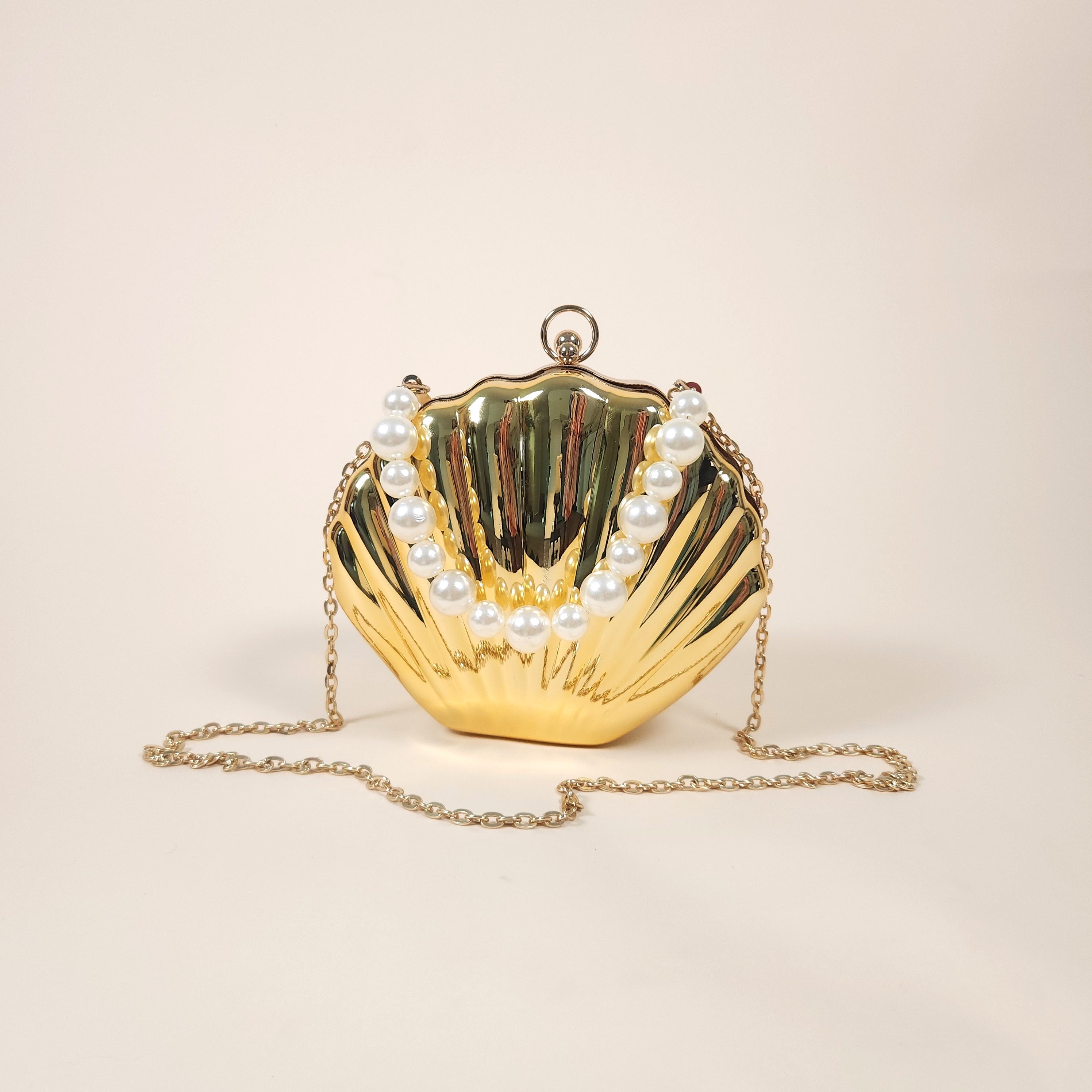 Marina Gold Mermaid Shell Clutch Bag for the Beach with Crossbody Strap | Venus Loves Neptune
