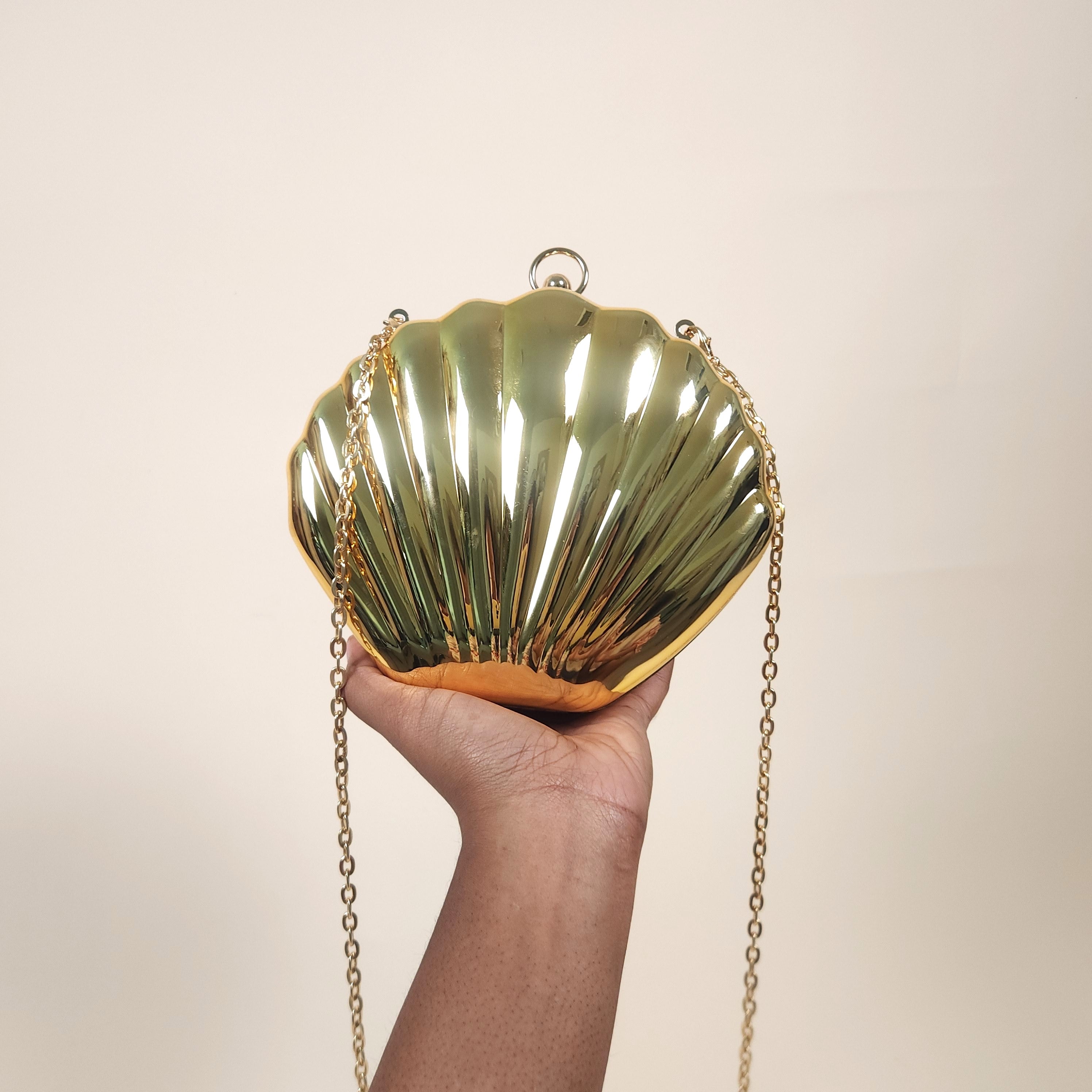 Marina Gold Mermaid Shell Clutch Bag for the Beach with Crossbody Strap | Venus Loves Neptune