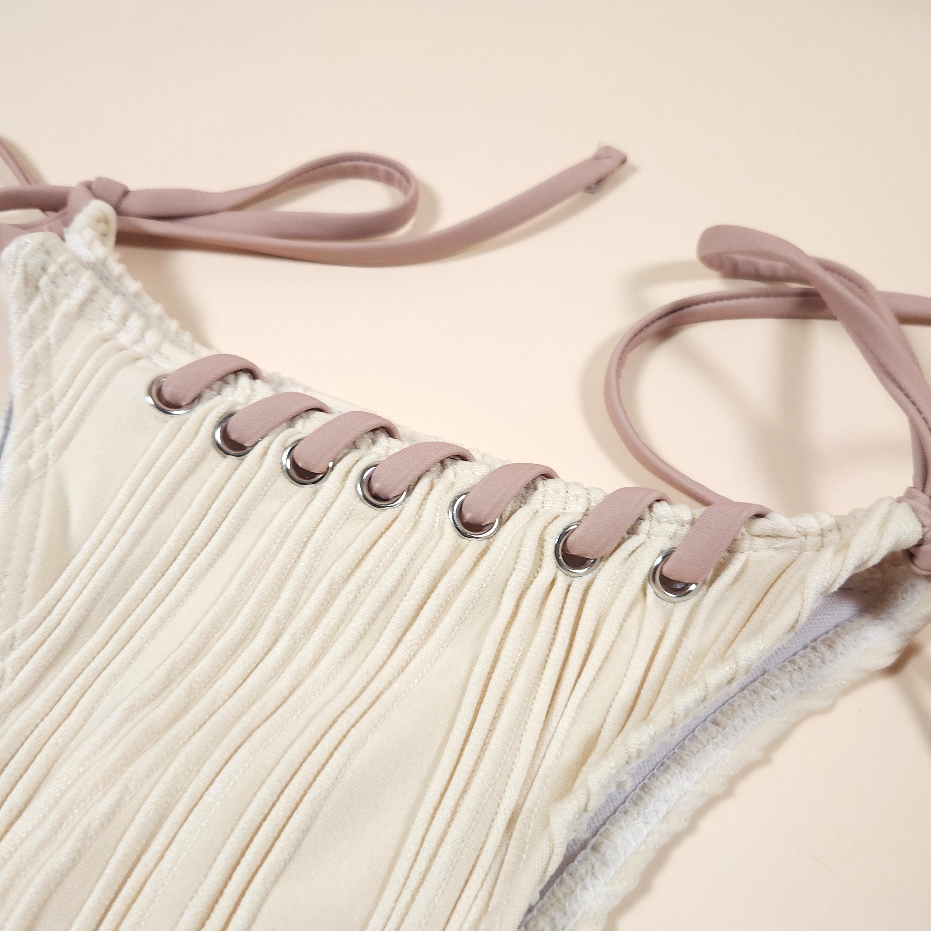 Minerva Beige Boho Textured Bikini with Halter Top and Removable Pads | Venus Loves Neptune