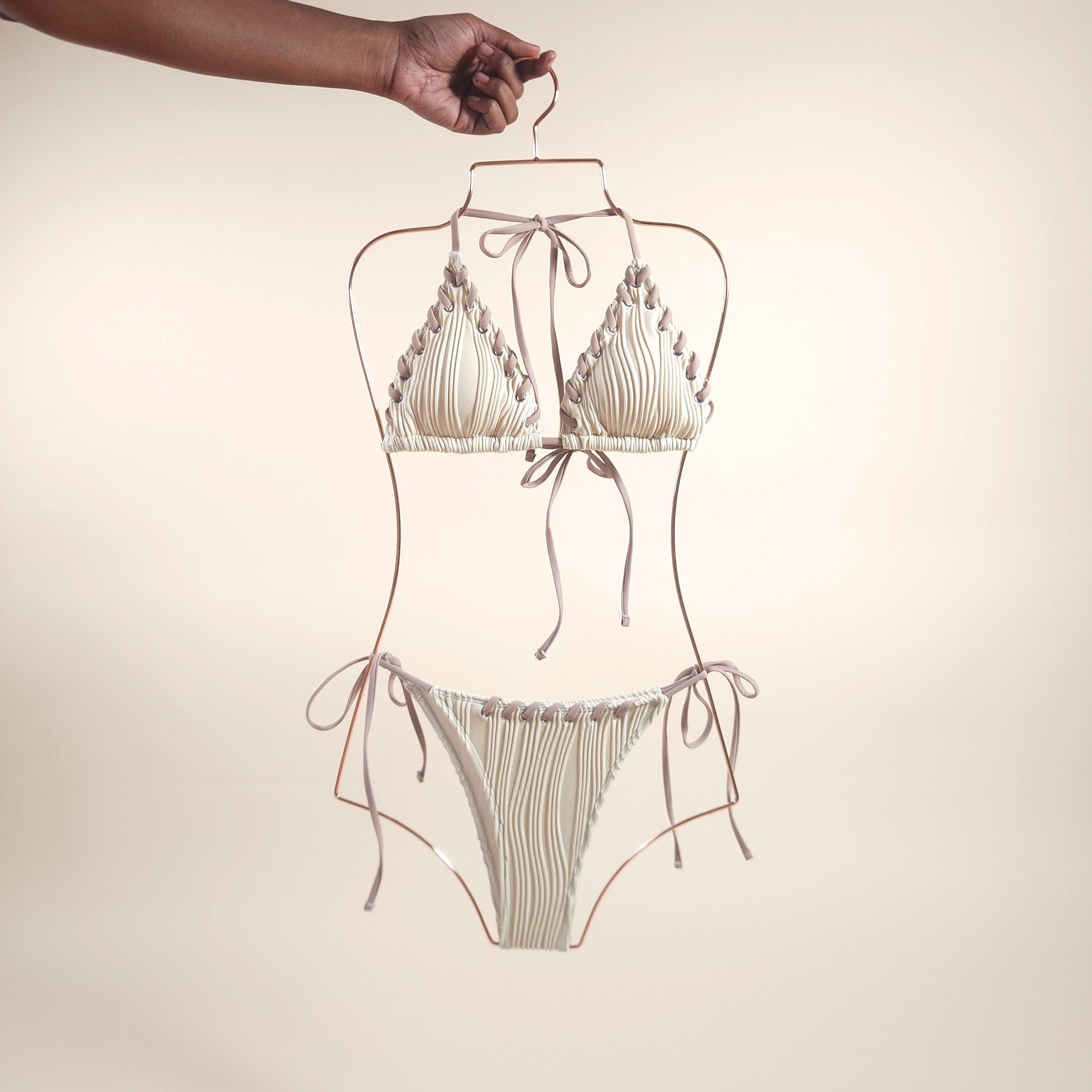 Minerva Beige Boho Textured Bikini with Halter Top and Removable Pads | Venus Loves Neptune