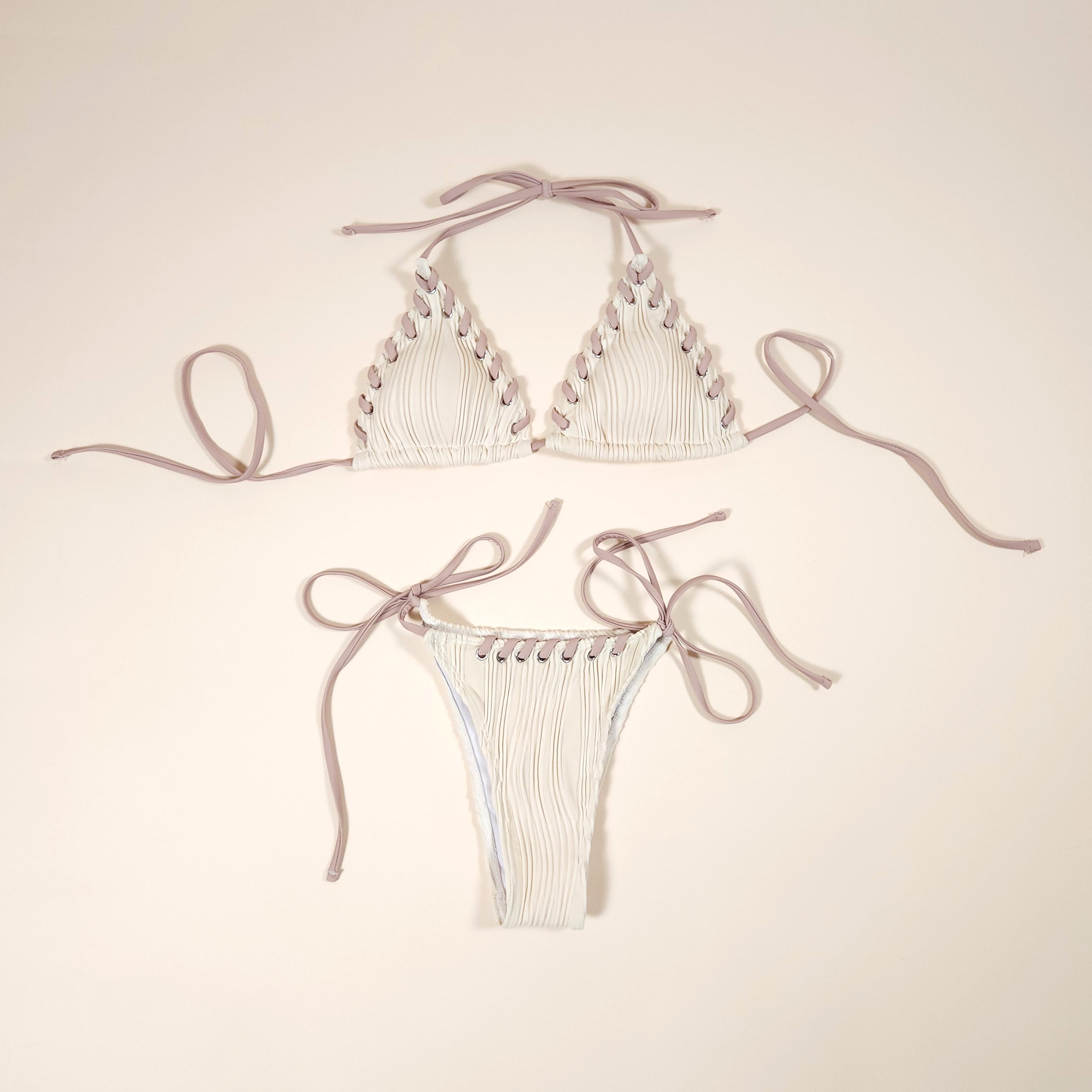 Minerva Beige Boho Textured Bikini with Halter Top and Removable Pads | Venus Loves Neptune