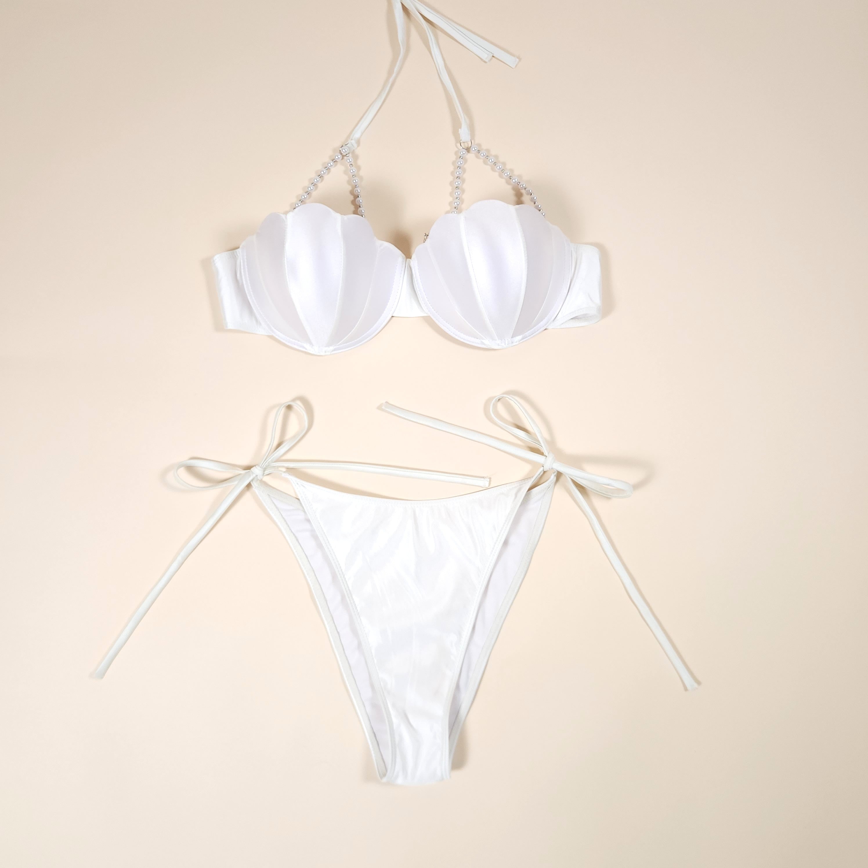 Nesaea White Mermaid Pearl Bikini with Scalloped Push-Up Underwire Halter Top | Venus Loves Neptune