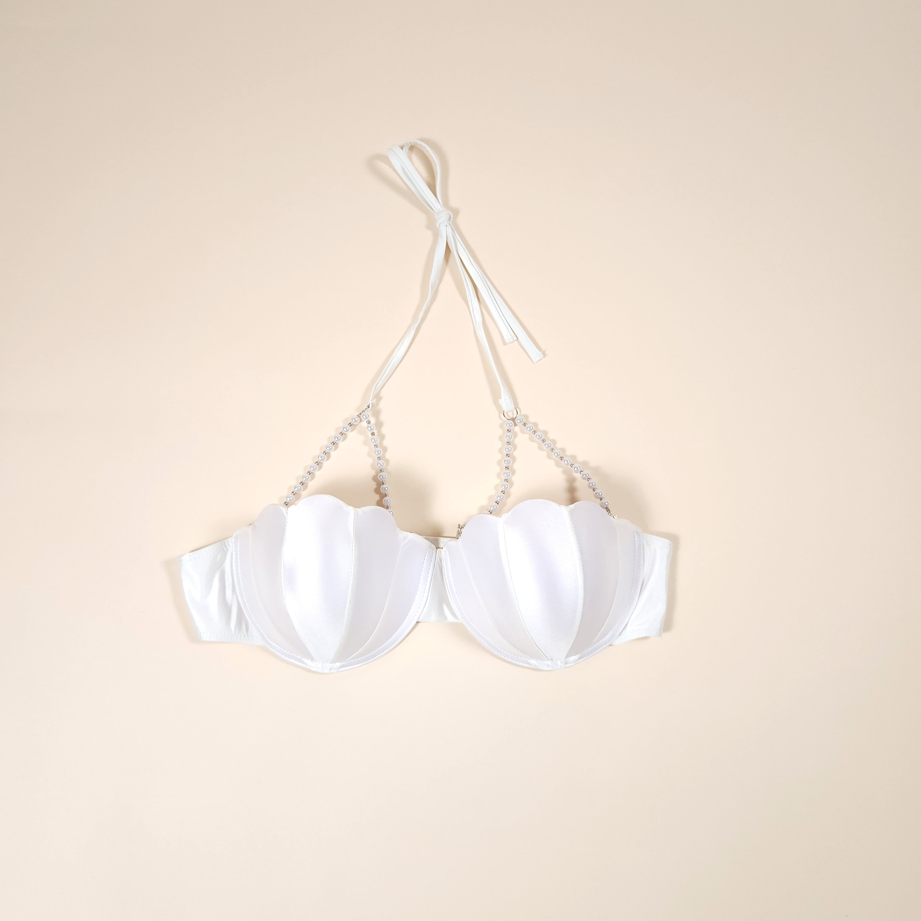 Nesaea White Mermaid Pearl Bikini with Scalloped Push-Up Underwire Halter Top | Venus Loves Neptune