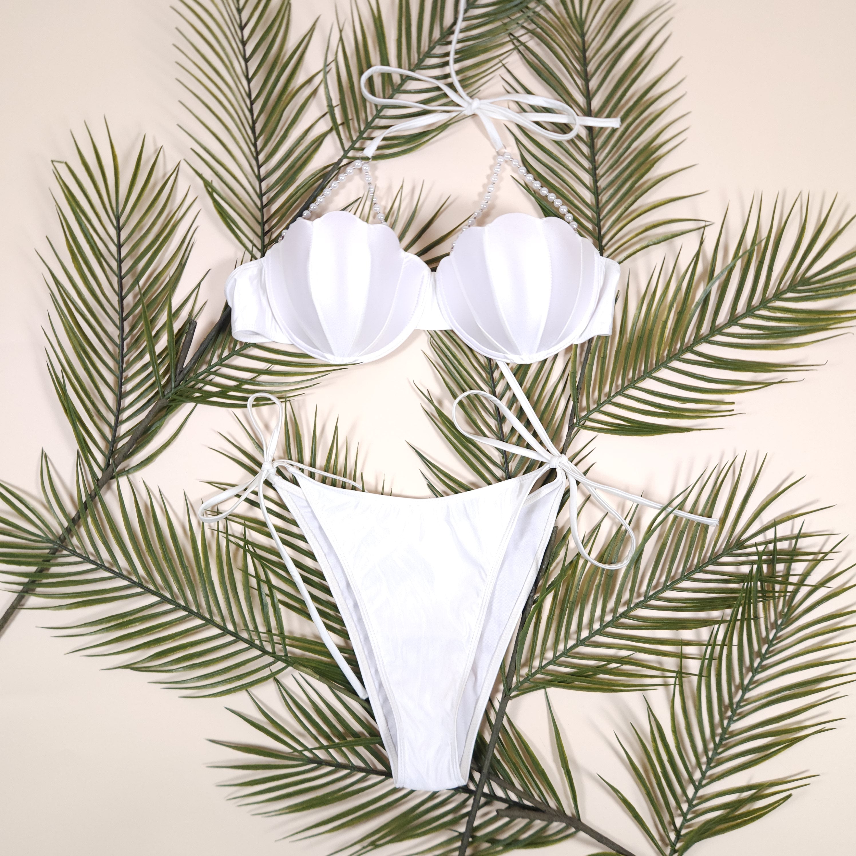 Nesaea White Mermaid Pearl Bikini with Scalloped Push-Up Underwire Halter Top | Venus Loves Neptune