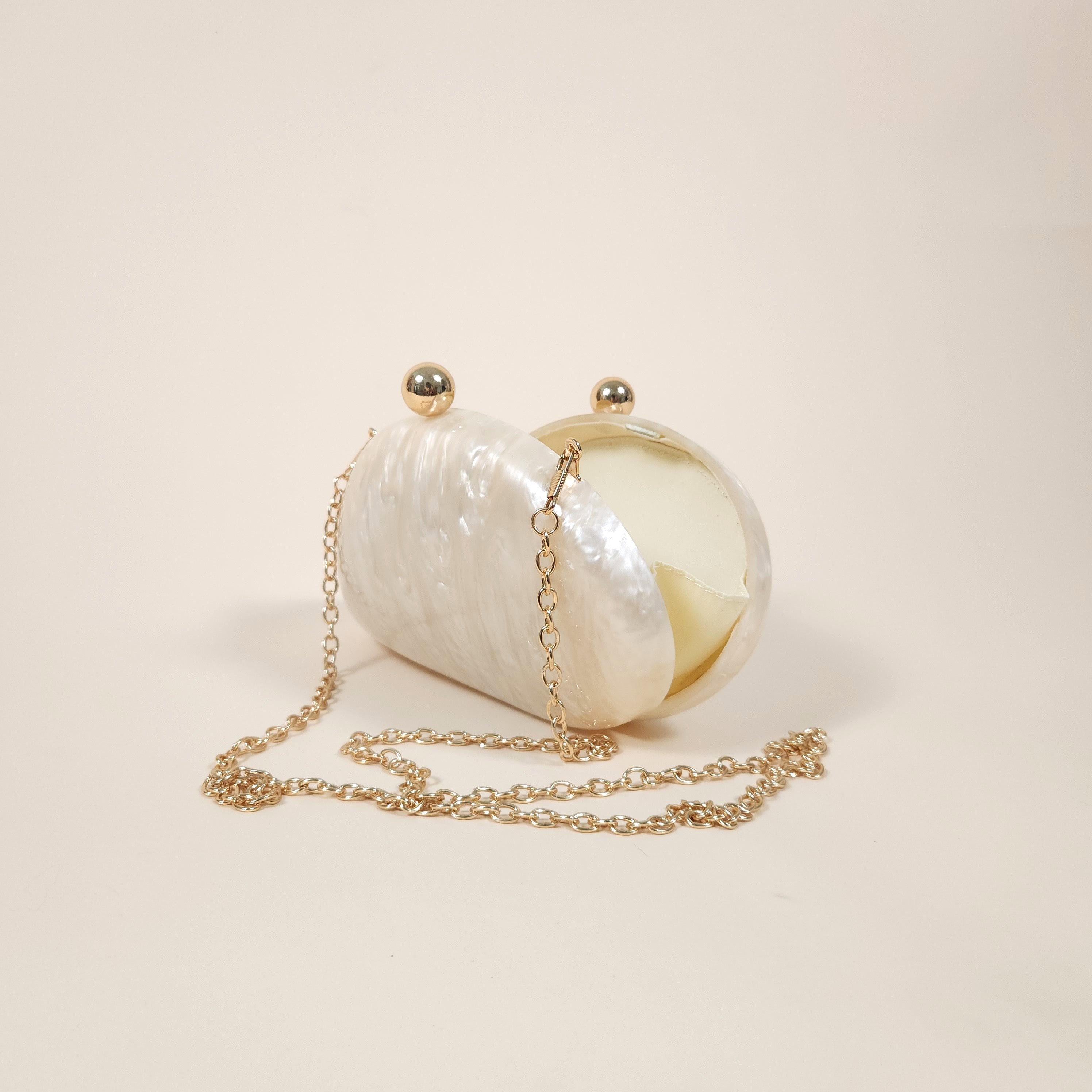 Perla Ivory Acrylic Pearly Mermaid Clutch Bag for the Evening | Venus Loves Neptune