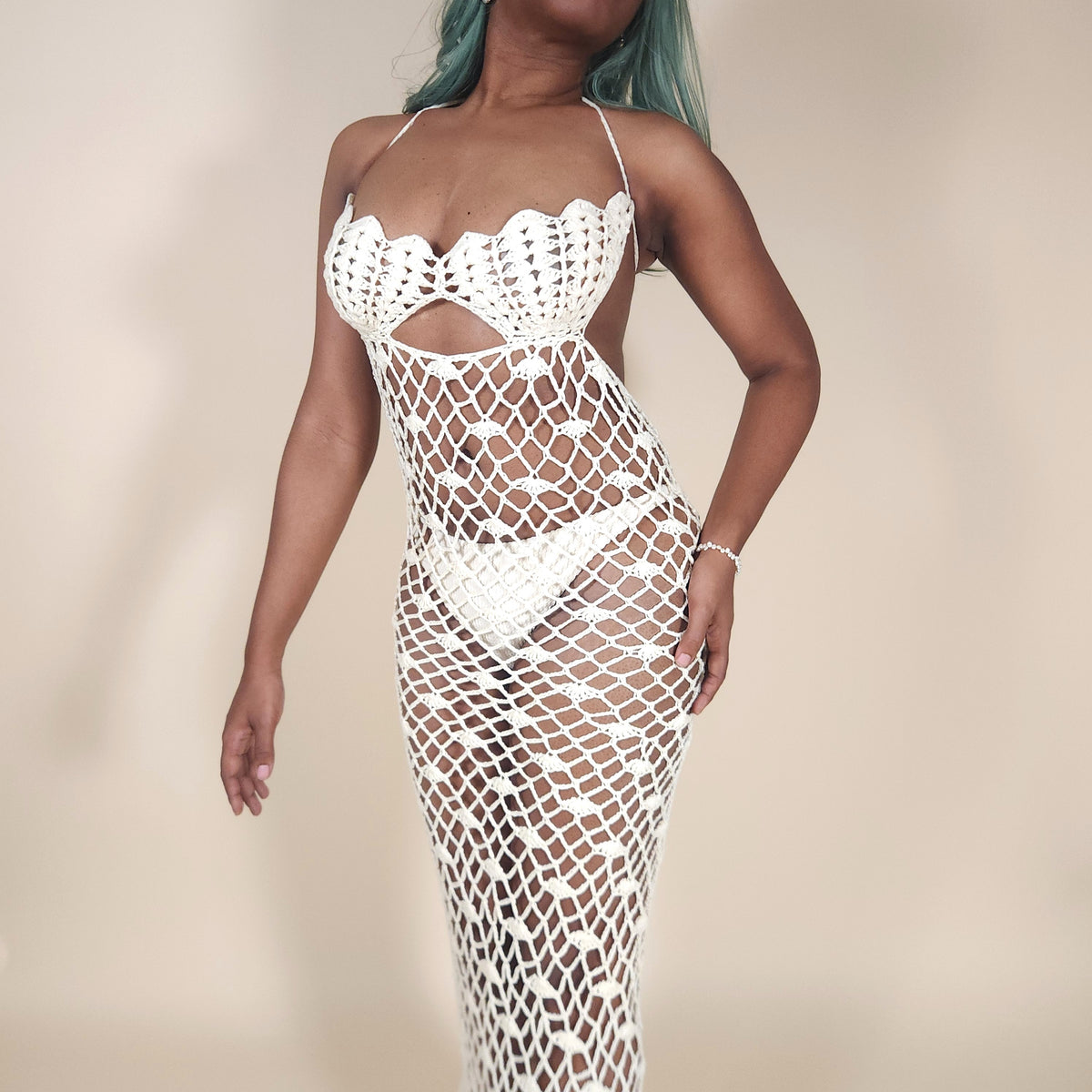 Salacia Mermaid Shell Crochet Cover Up Dress in Ivory for the Beach | Venus Loves Neptune