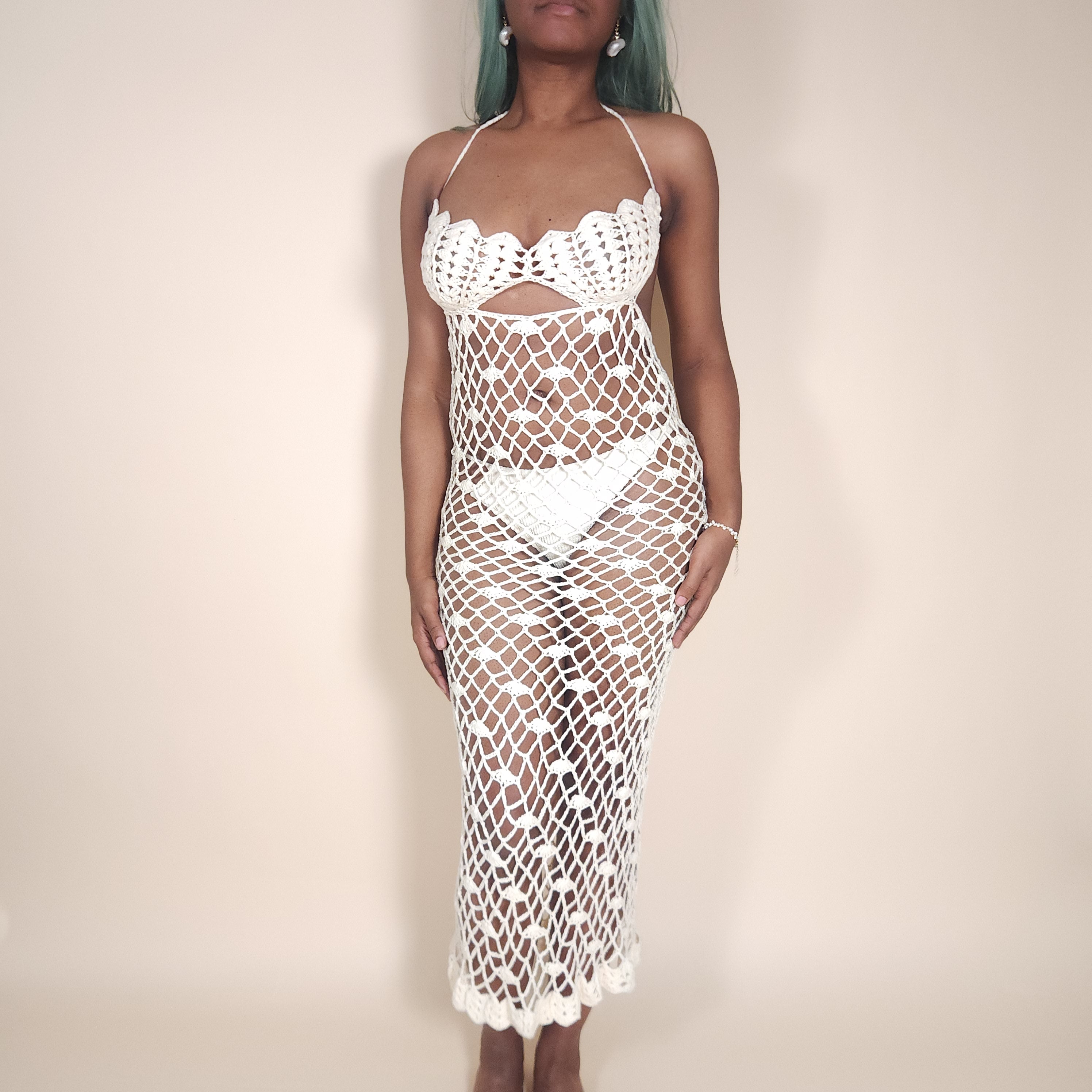 Salacia Mermaid Shell Crochet Cover Up Dress in Ivory for the Beach | Venus Loves Neptune