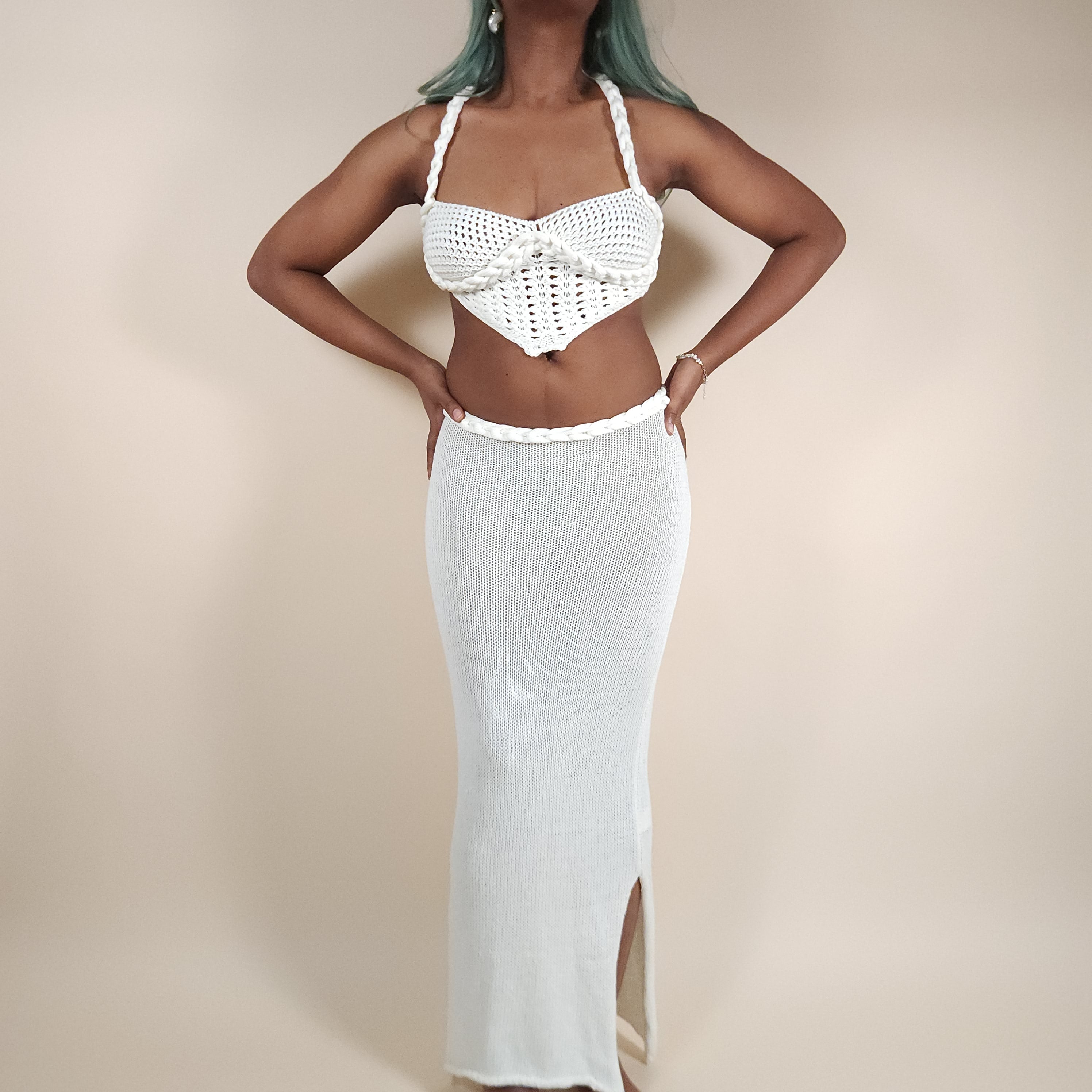 Venus Ivory 2-Piece Knit Skirt Set Outfit for Beach Pictures | Venus Loves Neptune