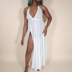 Vesta Flowy White Backless Maxi Dress with Slit and V-Neck for the Beach | Venus Loves Neptune