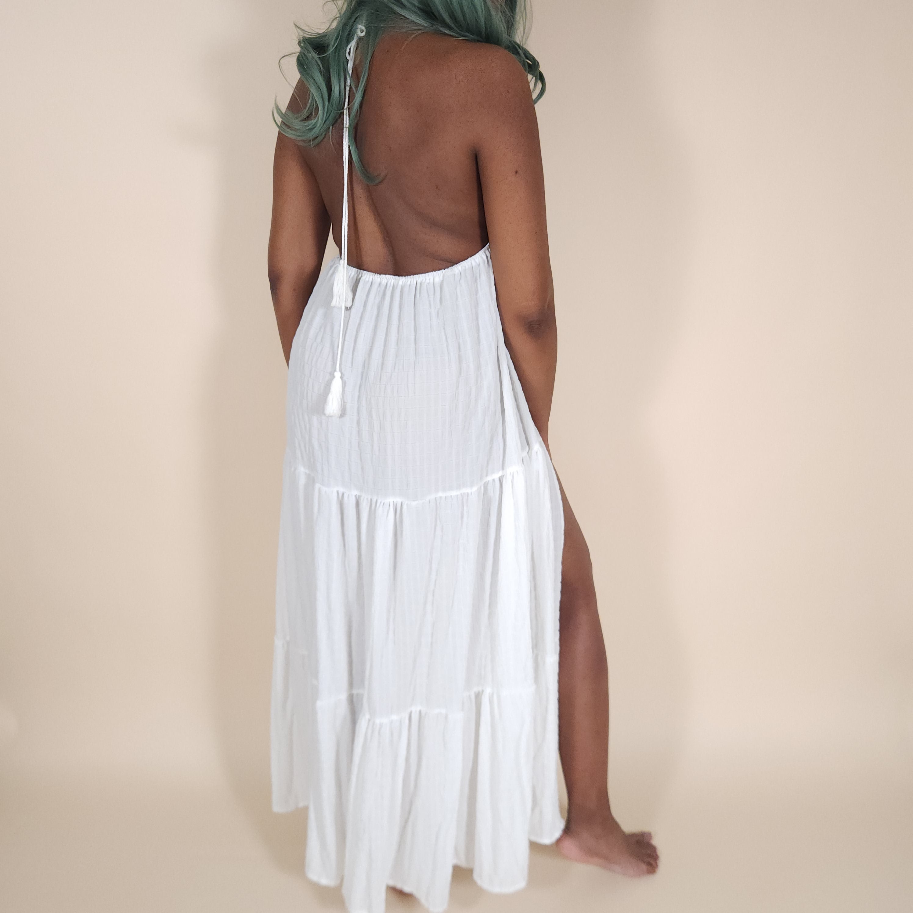 Vesta Flowy White Backless Maxi Dress with Slit and V-Neck for the Beach | Venus Loves Neptune