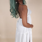 Vesta Flowy White Backless Maxi Dress with Slit and V-Neck for the Beach | Venus Loves Neptune