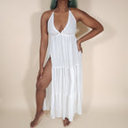 Vesta Flowy White Backless Maxi Dress with Slit and V-Neck for the Beach | Venus Loves Neptune