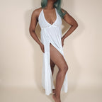 Vesta Flowy White Backless Maxi Dress with Slit and V-Neck for the Beach | Venus Loves Neptune