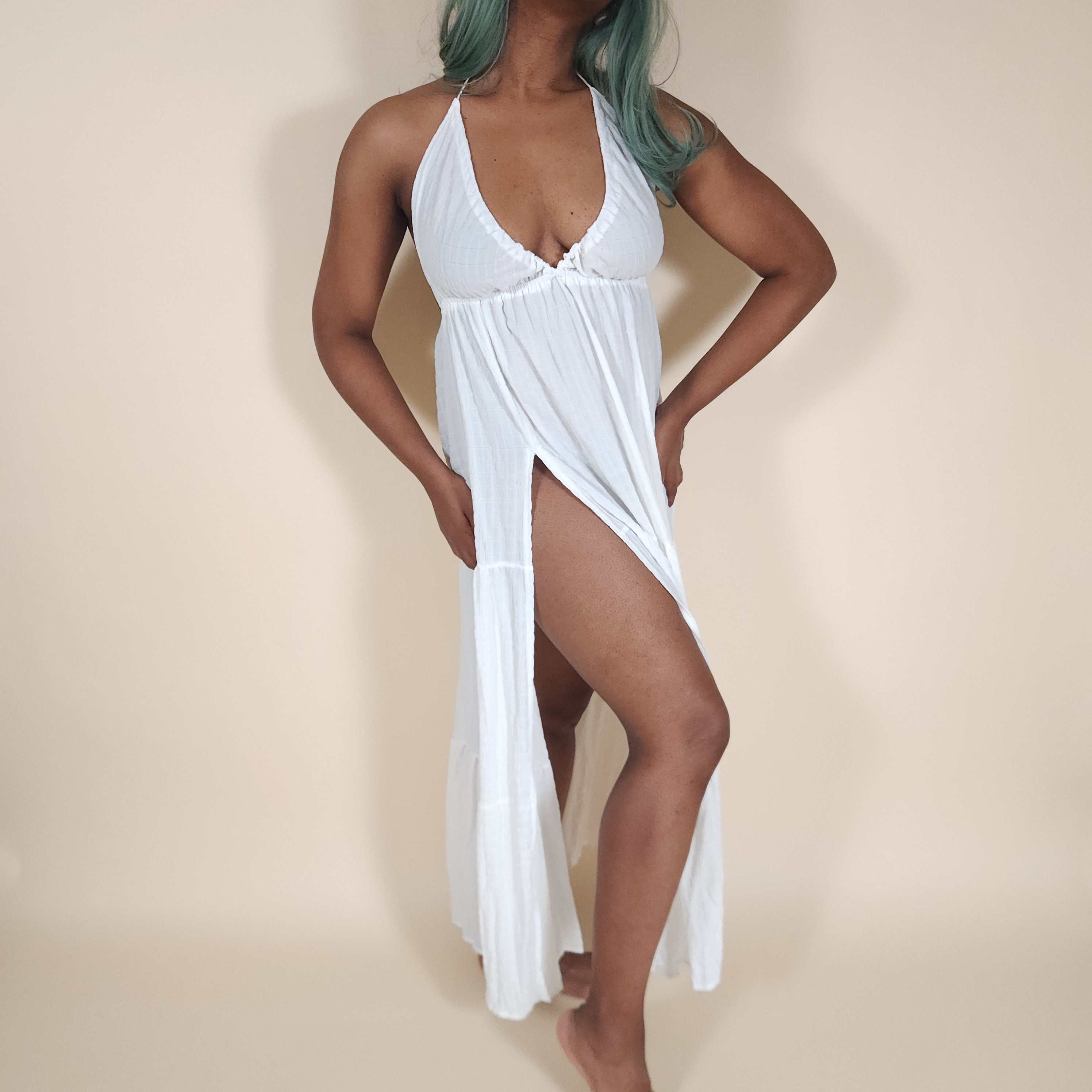 Vesta Flowy White Backless Maxi Dress with Slit and V-Neck for the Beach | Venus Loves Neptune