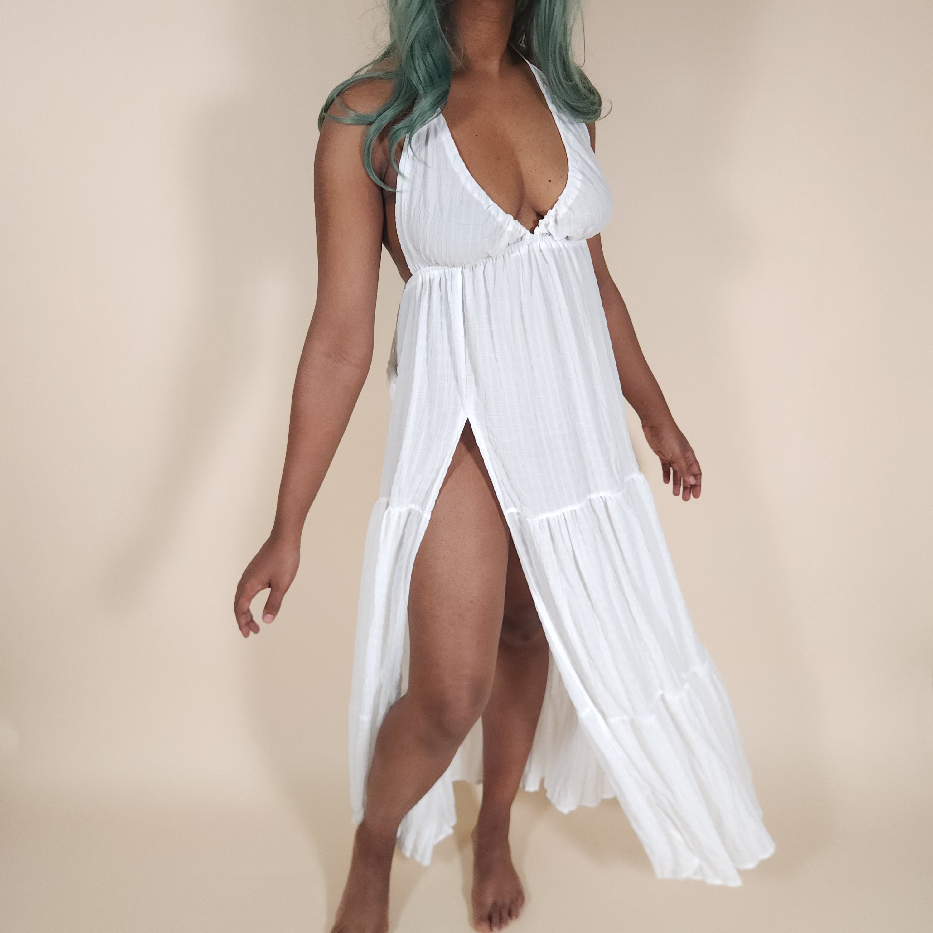 Vesta Flowy White Backless Maxi Dress with Slit and V-Neck for the Beach | Venus Loves Neptune