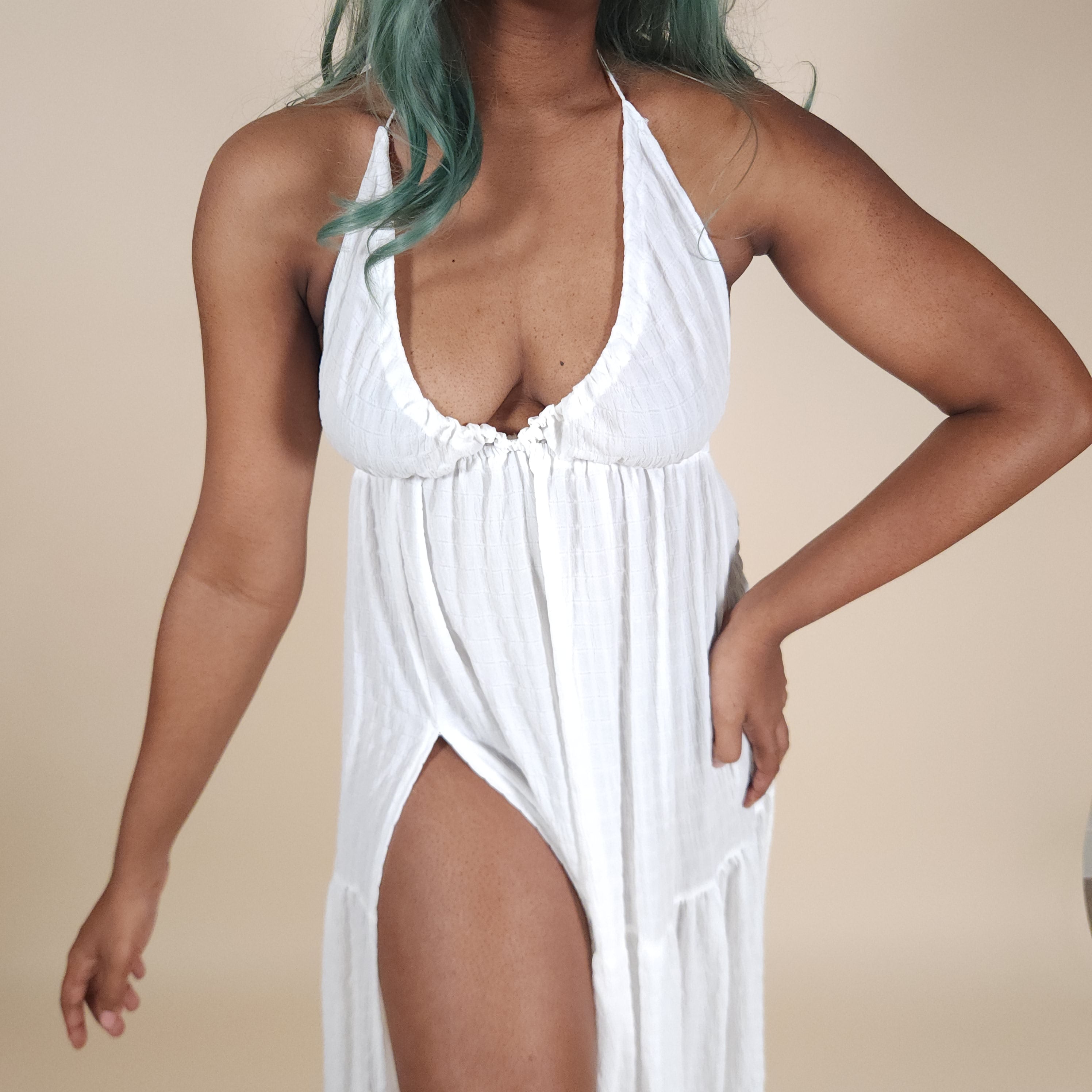 Vesta Flowy White Backless Maxi Dress with Slit and V-Neck for the Beach | Venus Loves Neptune