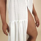 Vesta Flowy White Backless Maxi Dress with Slit and V-Neck for the Beach | Venus Loves Neptune