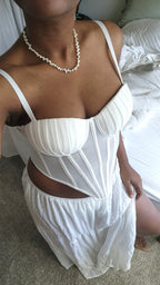 White Mermaid Shell Corset with Freshwater Pearl Necklace & Flowy White Skirt with Long Split