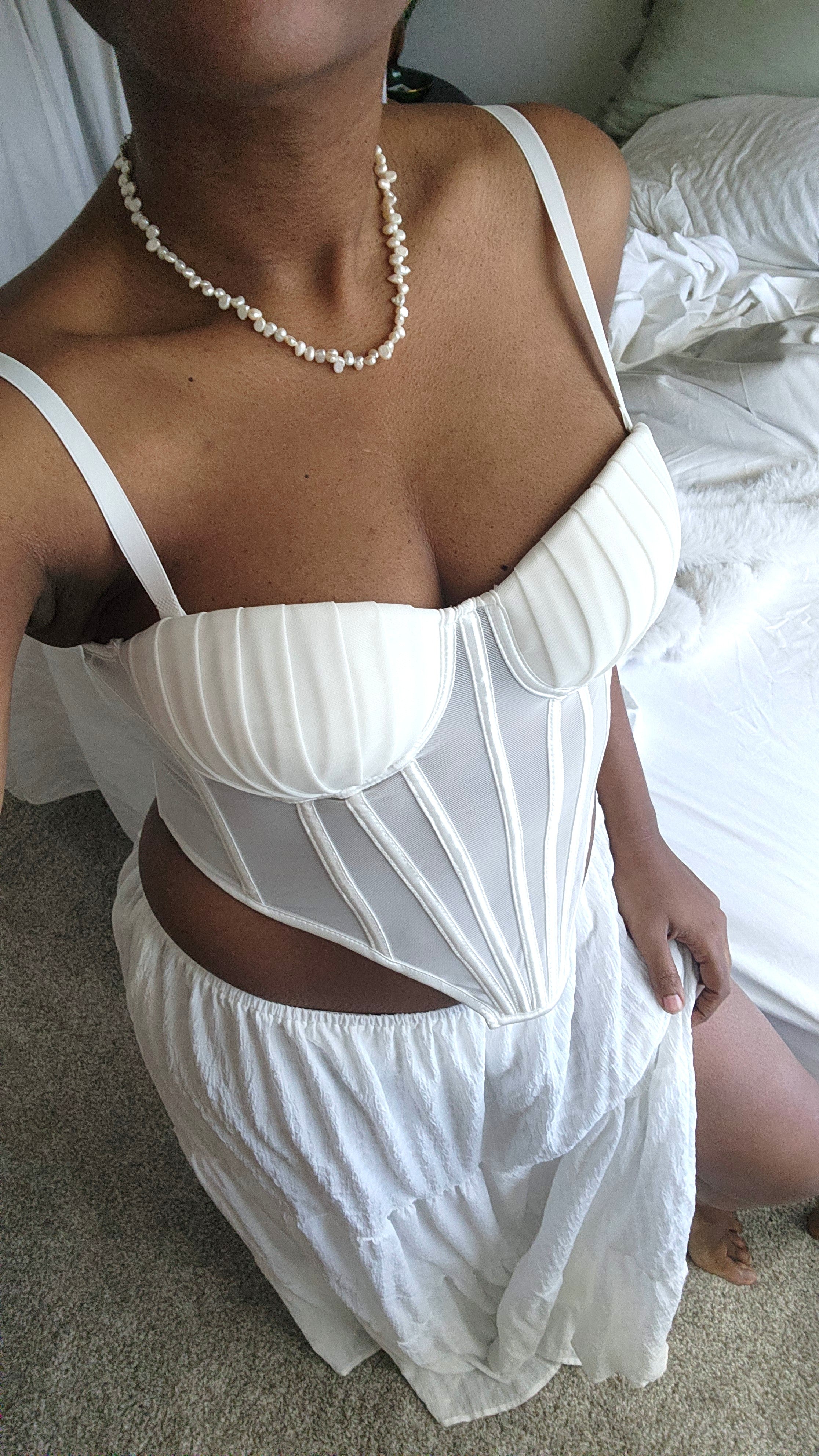 White Mermaid Shell Corset with Freshwater Pearl Necklace & Flowy White Skirt with Long Split